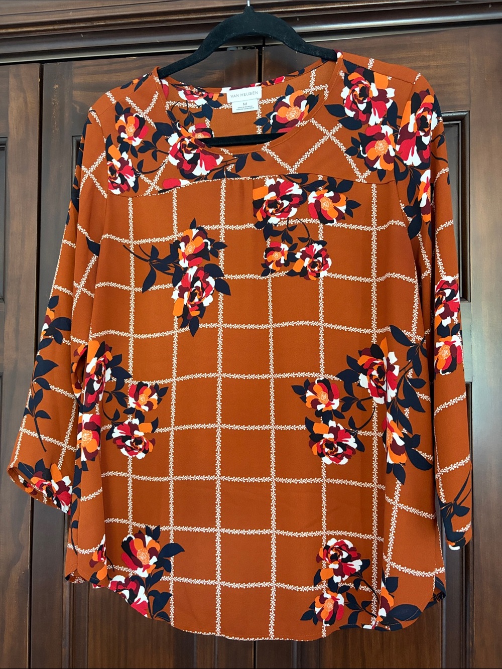 Van Heusen Rust Orange Floral Grid Blouse
